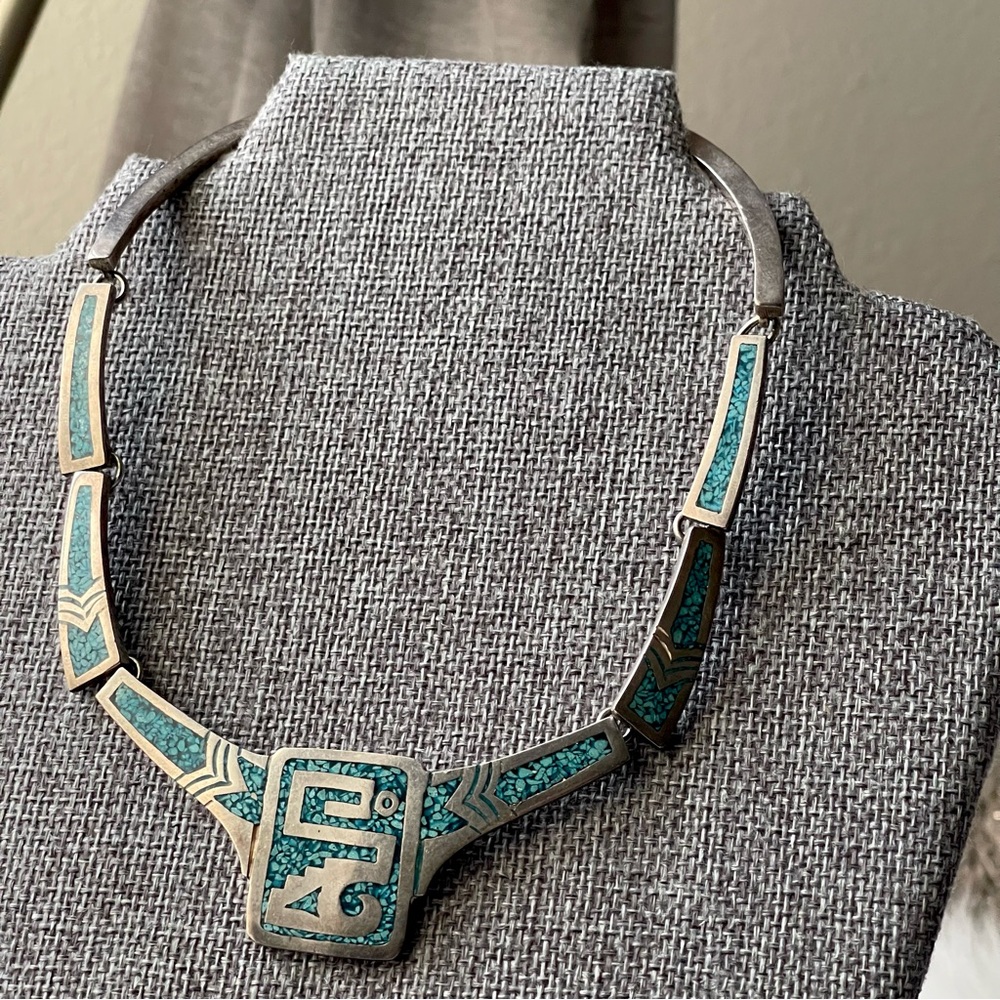 Vtg | TAXCO MEXICO 925 Sterling Silver Crushed Turquoise  Inlay Choker Necklace